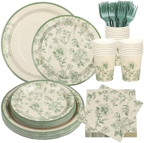 Kochorie 144 Pieces Floral Party Supplies, Sage Green Flower Tableware Sets Including Disposable Paper Plates Napkins Cups Forks Serves 24 for Wedding Baby Shower Birthday Party Decorations by Kochorie