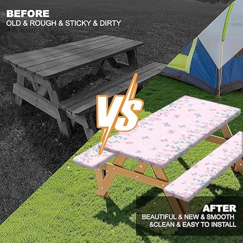 Butterfly Picnic Table Cover with Bench Covers, Camping Essentials, Flower Leaf Plant Waterproof Windproof Table Cover, Fitted Tablecloth Cover with Elastic Edge, for Indoor & Outdoor 3 PCS 30x96 Inch - Image 4
