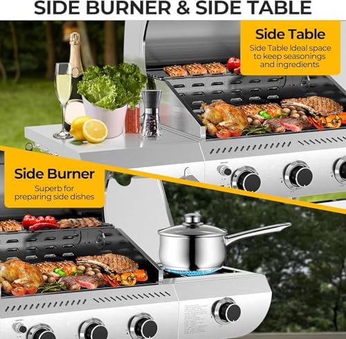 Electactic 3-Burner Propane Gas Grill with Side Burner, 34,000 BTU Stainless Steel BBQ Grill with Enameled Cast Iron Grates, Built-In Thermometer, Barbecue Grill for Outdoor Cooking, Patio, Tailgates - Image 4