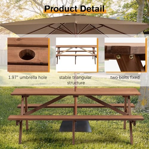 75'' Rectangular Outdoor Dining Table Wooden Patio Dining Table & 2 Built-in Bench for 8, 2" Umbrella Hole, Suitable for Backyard Garden Porch, Brown - Image 3