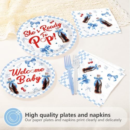 96Pcs She's Ready to Pop Baby Shower Party Decorations Soda Pop Drink Plates and Napkins Blue White Bow Plaid Disposable Paper Tableware Set for Girls Boys Baby Shower Party Supplies Serves 24 - Image 4