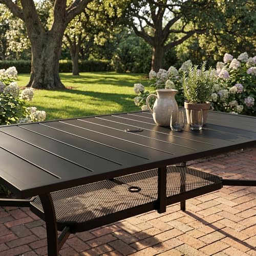 VICLLAX Patio Dining Set for 6, 7-piece Outdoor Dining Set - 59" Rectangle Patio Table and Chairs for Lawn Garden, Black Tabletop and Blue Fabric - Image 2