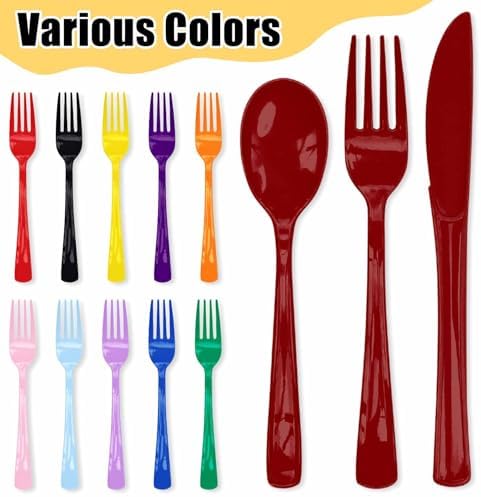 HEIPINIUYE 75 Pack Burgundy Plastic Cutlery Heavy Duty Burgundy Plastic Knives Forks and Spoons Disposable Silverware Set for 25 Guest Camping Birthday Baby Shower Party Cutlery Set - Image 4
