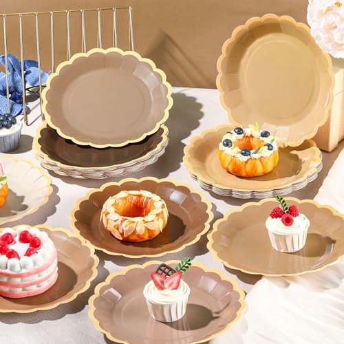 48 Pcs Brown Paper Plates 9 Inch Scalloped - Image 2