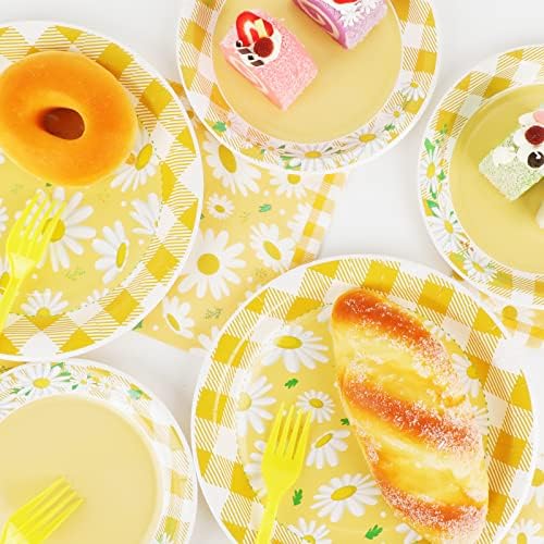 Wiooffen 96 Pcs Daisy Flower Party Supplies for 24 Guests Daisy Party Tableware Set Yellow Daisy Flower Birthday Party Pack Paper Plate Napkin Fork for Birthday Party Wedding Bridal Baby Shower - Image 5