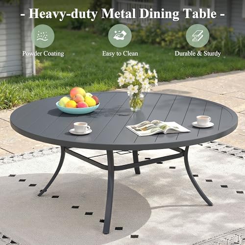 Outdoor Dining Table for 8, 63" Round Outdoor Table with Adjustable Umbrella Hole, All-Weather Metal Patio Dining Table for Lawn Garden Backyard Deck, Dark Grey - Image 7