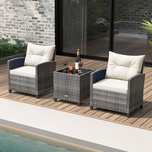 KOTEK 3 Piece Patio Furniture Set, Outdoor PE Rattan Conversation Set with Washable Cushions & Tempered Glass Tabletop, Wicker Chairs and Table Set for Porch, Garden, Balcony (White) - Image 2