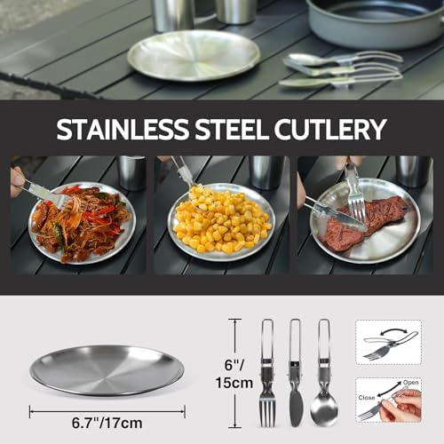 REDCAMP 6/10/11/12/14/15/19 PCS Camping Cookware Mess Kit Camping Gear Campfire Utensils Lightweight Stackable Pot Pan Bowls Soup Spoon with Storage Bag for Camping, Backpacking, Outdoor Cooking - Image 6
