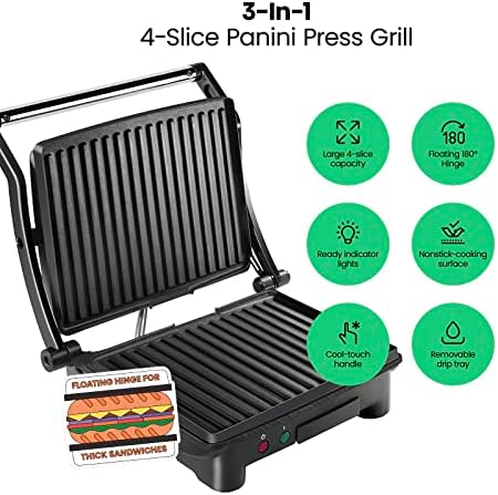Chefman Panini Press Grill and Gourmet Sandwich Maker Non-Stick Coated Plates, Opens 180 Degrees to Fit Any Type or Size of Food, Stainless Steel Surface and Removable Drip Tray, 4 Slice, Black - Image 2