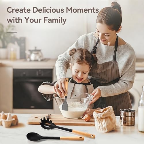 NCUE 6-Pcs Silicone Kitchen Utensils Set Wood Handle BPA-Free Food Grade - Image 2