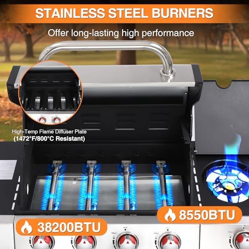 4-in-1 Propane & Charcoal Grill Combo, 4-Burner Gas Griddle with Side Burner, Cast Iron Grates, Outdoor BBQ for Patio & Backyard - Image 5