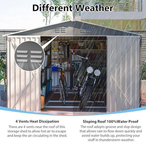 YOPTO 10x14 FT Outdoor Storage Shed,Metal Shed W/Lockable Doors & Floor Frame,Garden Tool House W/Sloped Roof & 4 Air Vents,for Backyard Patio Lawn,Light Gray - Image 7