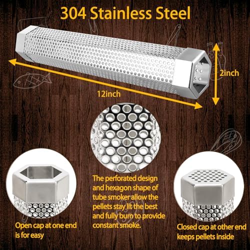 2 Pack 12" Smoker Tube, Pellet Smoker Tube Stainless Steel for BBQ Grill - 5 Hours Billowing Smoke for Hot/Cold Smoking Cheese, Meat, Fish, Hexagon Design, Includes Hooks, Basting & Cleaning Brushes - Image 2