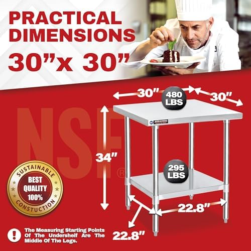 DuraSteel 30x30 Stainless Steel Work Table - NSF Commercial Prep Metal Table - Outdoor Pizza Oven Stand w/Under Shelf - Kitchen Island Laundry Utility Garage Microwave Stand Large Rolling Storage Cart - Image 3