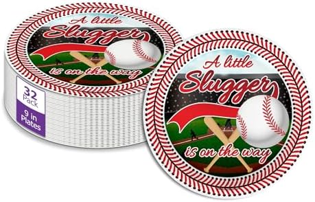 Birthday Galore Little Slugger on the Way Baby Shower - 32 Piece Disposable Party Supplies - Baseball Baby Shower Decorations - Round Party Plates - Large 9" Paper Plates In Bulk by BirthdayGalore