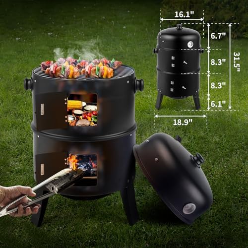 Outvita Vertical 17 Inch Charcoal BBQ Smoker, 3-in-1 Portable Grill Cooker - Image 4
