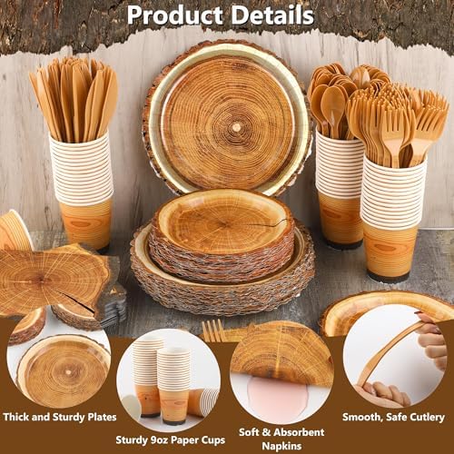 Kochorie 350 PCS Camping Wood Grain Slice Tableware Set Rustic Camping Plates Napkins Cups Cutlery Hunting Birthday Party Decorations Lumberjack Dinner Camping Party Decorations Serve 50 Guests - Image 3