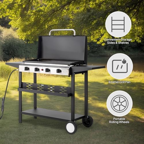 ROVSUN 4 Burner Portable Propane Griddle with Ignition, 40000 BTU Freestanding Flat Top Gas Grill with Enameled Tray, Lid, Side Shelves & Regulator for Outdoor Cooking Camping BBQ - Image 4