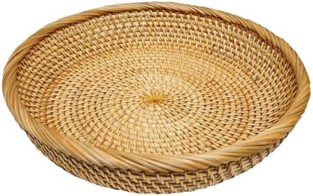 RT&BS Round Rattan Bread Basket, Rattan Fruit Basket, Rattan Decorative Tray, Rattan Keys Tray, Handwoven Storage Baskets for Kitchen, Dining Room, Store, Restaurant, Bathroom (M) by RT%26BS