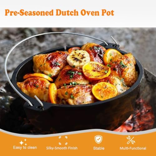 Cast Iron Dutch Oven, Camping Deep Pot w/Lid Lifter & Pot Stand, 6 Quart - Image 4
