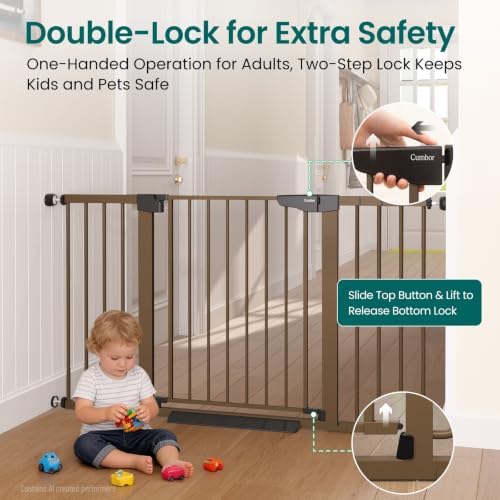 Cumbor 30-54" Extra Wide Baby Gate, Dual Lock & Auto Close Dog Gate Brown - Image 3