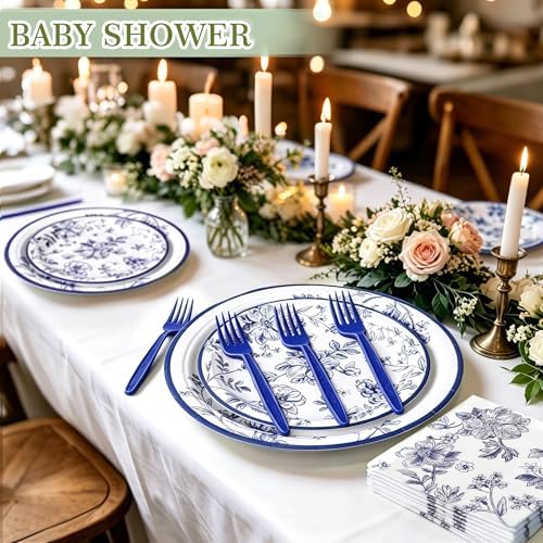 100 Pcs Disposable Blue and White Floral Tableware Set for 25 Guests - Image 3