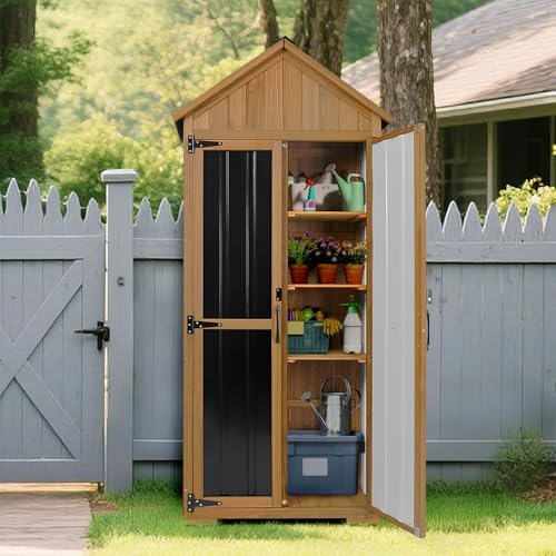 Outdoor Storage Cabinet Waterproof, Outdoor Storage Shed with Shelves, Wood & Metal Patio Backyard Garden Storage Cabinet Tool Organizer for Outside - Image 3