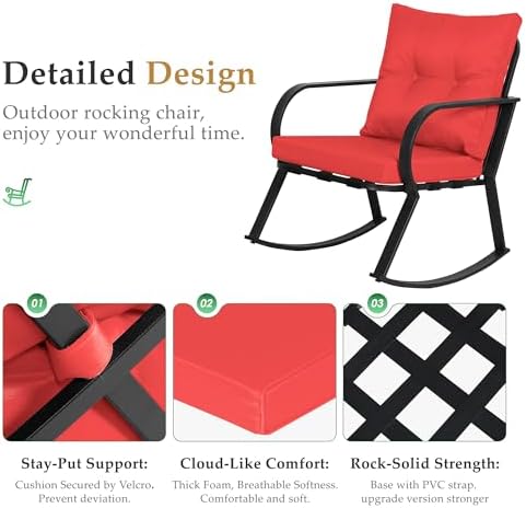 Oakcloud Oakmont Outdoor Furniture 3 Piece Conversation Bistro Set Rocking Chairs and Glass Top Table, Thick Cushions, Black Steel (Red) - Image 3