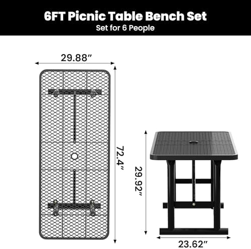 6FT Metal Picnic Tables for Outdoors, Commercial Rectangular Picnic Table for Outside, Park, Campfield, Patio, Garden, Yard, Thermoplastic Coating, Surface Mounted, Black - Image 3