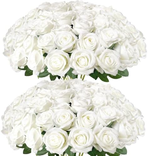 50Pcs White Roses Artificial Flowers with Stems for Home Decor by Cherica
