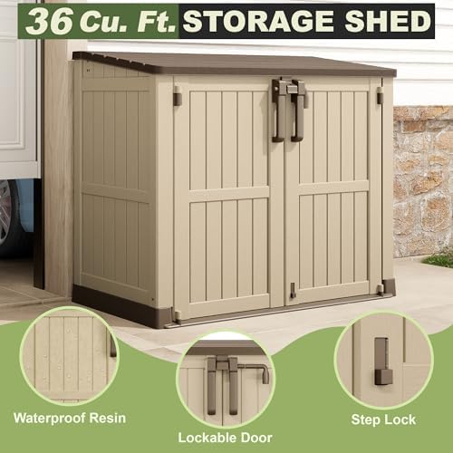 Plastic Outdoor Storage Shed, 36 Cu Ft Waterproof Outdoor Storage Cabinet with Dual Lock Door for Backyard, Patio, Garage, Garden to Store Tools & Accessories, Wood-Grain (Brown-Beige) - Image 3