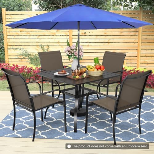 Incbruce 6 Pieces Patio Dining Set with Dark Blue Umbrella, Outdoor Dining Set of 4 Textilene Chairs and Square Table with Umbrella Hole for Backyard, Garden, and Poolside (Brown) - Image 4
