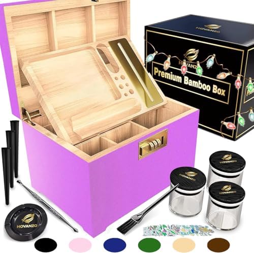 HOVANZO Premium Large Bamboo Storage Box with Organizer Tray - Storage Wood Box and Accessories - Decorative Box with Combination Lock - Large Wooden Container - Box Kit with Glass Jars by hovanzo