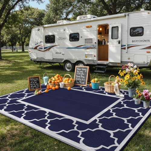 GENIMO Outdoor Rug, Waterproof Plastic Rugs for Patio, 8'x10' Blue White - Image 3
