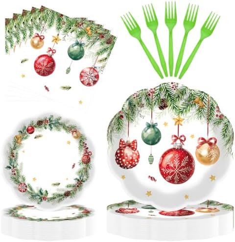 96 Pieces Christmas Tableware Set – Christmas Ornament Disposable Plates, Napkins, and Gold Forks for Xmas Party, Holiday Dinner, Xmas Eve and Winter Celebrations – Serves 24 Guests by Herytem