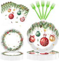 96 Pieces Christmas Tableware Set – Christmas Ornament Disposable Plates, Napkins, and Gold Forks for Xmas Party, Holiday Dinner, Xmas Eve and Winter Celebrations – Serves 24 Guests by Herytem
