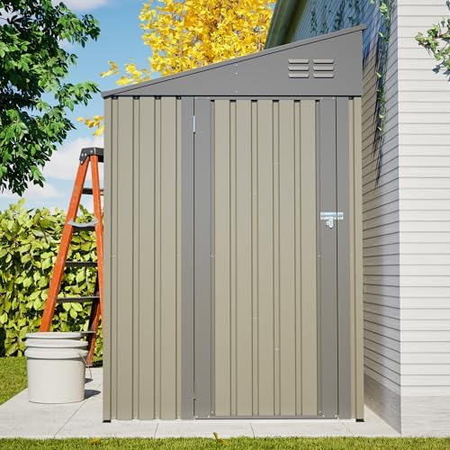 YOPTO 4x7 FT Outdoor Storage Shed Lean to Shed,Metal Shed W/Lockable Door & Air Vent,All Weather Waterproof Garden Tool House W/Reversible Installation,for Backyard,Patio,Lawn,Olive Gray - Image 5