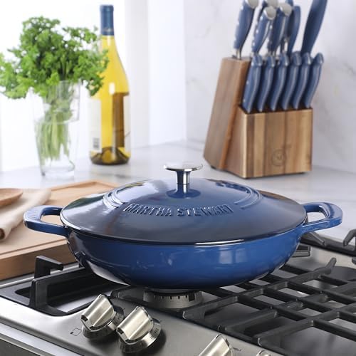 Martha Stewart Gatwick Enameled Cast Iron Braiser with Lid, 3.5-Quart Braiser Pan for Stovetop & Oven, Cast Iron Braising Pan, Blue - Image 4