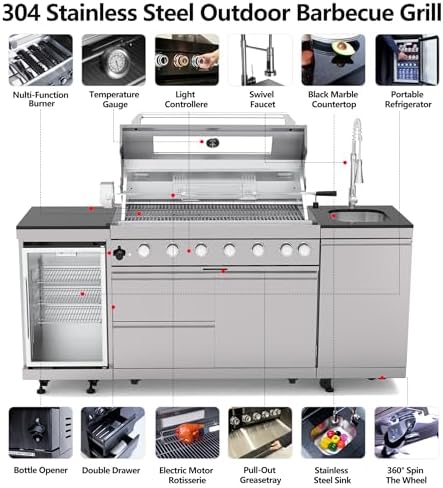 Outdoor Kitchen Island, 82 Inch 85000 BTU Gas Grill Combination With Refrigerator and Sink, Outdoor Stainless Steel Barbecue Bar,Natural Gas Barbecue Grill for Patios, Gardens, Parties - Image 2