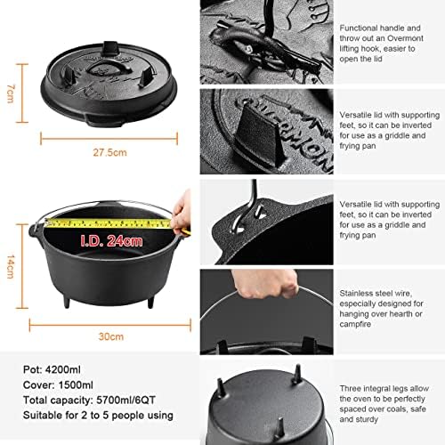 Overmont 6QT Cast Iron Dutch Oven - Pre-Seasoned Pot with Lid Lifter & Legs - Image 4