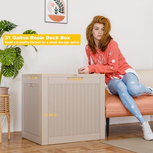 PatioZen 31 Gallon Wicker Pattern Resin Deck Box, Lockable Patio Outdoor Storage Box for Furniture, Garden Tools and Tools Storage, Waterproof Outside Storage Box (Grey) - Image 3