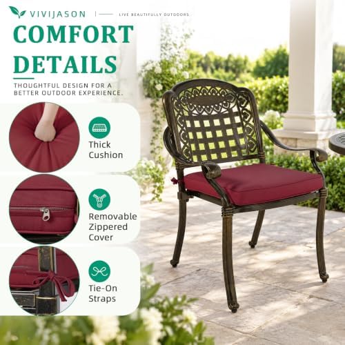 VIVIJASON 5-Piece Patio Furniture Dining Set, All-Weather Cast Aluminum Outdoor Conversation Set, Include 4 Cushioned Chairs and 1 Round Table w/Umbrella Hole for Balcony, Lawn, Backyard, Red Cushion - Image 4