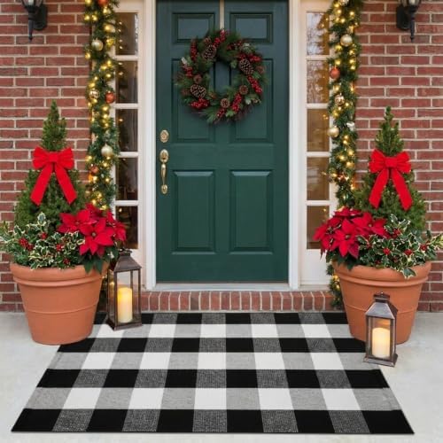 SEEKSEE Fall Decor Buffalo Plaid Outdoor Rug 27.5x43 Black and White Front Door Mat, Layering Rug for Porch, Washable Doormat, Cotton Area Rug for Outdoor Entrance Entryway Patio Porch Decor - Image 5