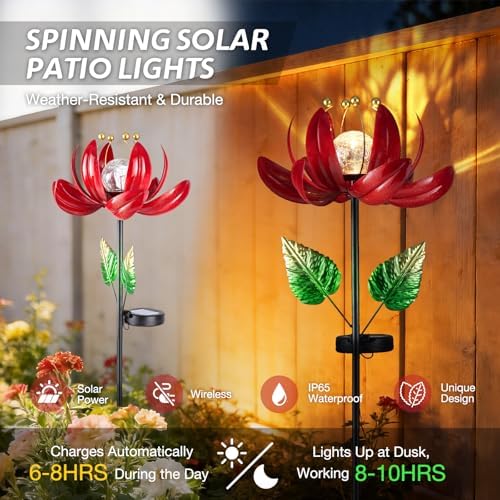 AIINY Solar Lights Outdoor Garden Decor, Solar Wind Spinner Yard Decorations Gifts for Outside, Lotus Windmill Pathway with LED Cracked Crystal Ball Waterproof Flower Sculpture for Patio Lawn - Image 5
