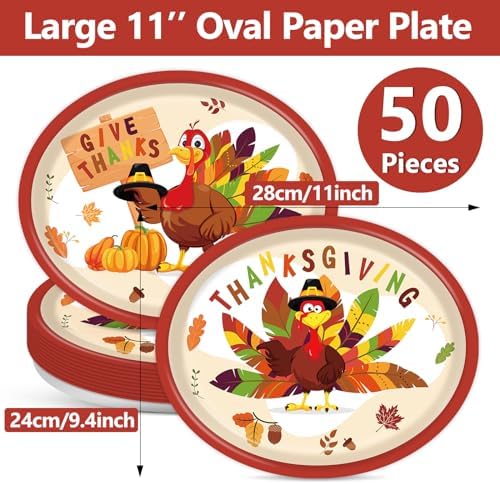 Qyeahkj 50 PCS Thanksgiving Oval Paper Plates Large 11” Disposable Turkey Party Decorations Fall Autumn Supplies Favor for Harvest Dinner Home Kitchen Serving Dish Party Tableware Set - Image 2