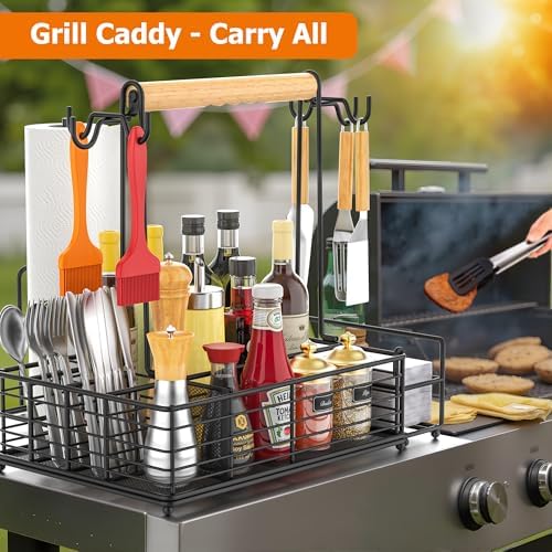 Toncoke Large Grill Caddy with Paper Towel Holder & Side Hooks, All-in-One BBQ Tool Organizer with Adjustable Dividers, Rustproof for Outdoor Kitchen, Camping, RV - Black - Image 2