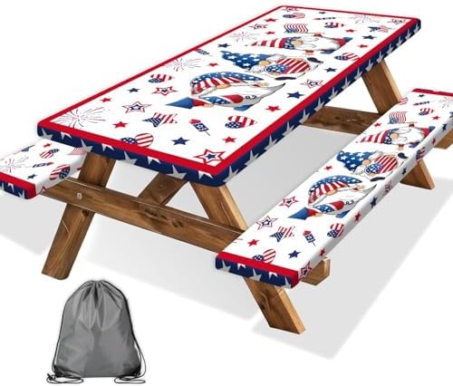 4th of July Picnic Table Cover with Bench Covers, Camping Essentials, Patriotic American Flag Gnomes Stars Table Cover Waterproof Fitted Tablecloth Cover with Elastic Edge for Outdoor 3 PCS 30x96 Inch by Xguatan