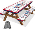 4th of July Picnic Table Cover with Bench Covers, Camping Essentials, Patriotic American Flag Gnomes Stars Table Cover Waterproof Fitted Tablecloth Cover with Elastic Edge for Outdoor 3 PCS 30x96 Inch by Xguatan
