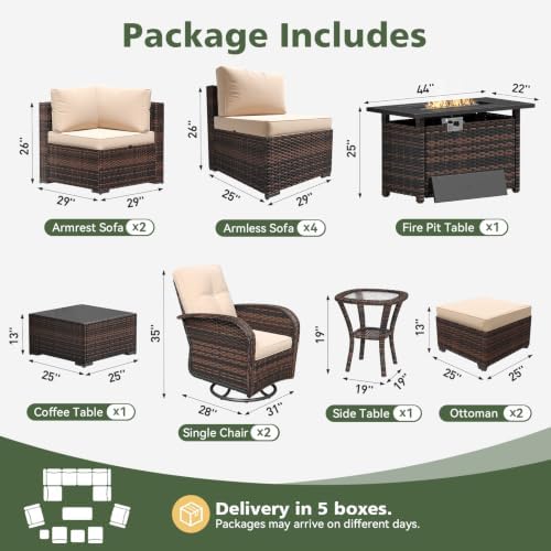 Aoxun 13 Piece Outdoor Patio Furniture Set with 44'' Fire Pit Table, Wicker Rattan Outdoor Furniture with High Back Swivel Rocker Chairs, Outdoor Conversation Set with Thick Cushion & Ottoman, Beige - Image 3