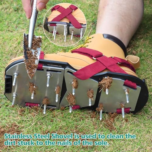 Lawn Aerator Shoes for Grass - Pre-Assembled Grass Aerator Shoes for Lawn - Soil Yard Aerator Tool for Aerating Patio Garden, Red, Medium Size - Image 6